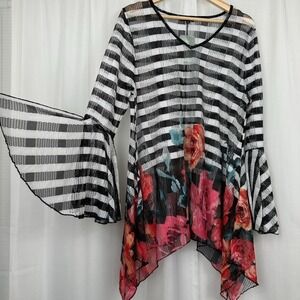 Dor Dor Couture Womens Mesh Tunic Cover Up Top XL Floral Striped Resort Vacation